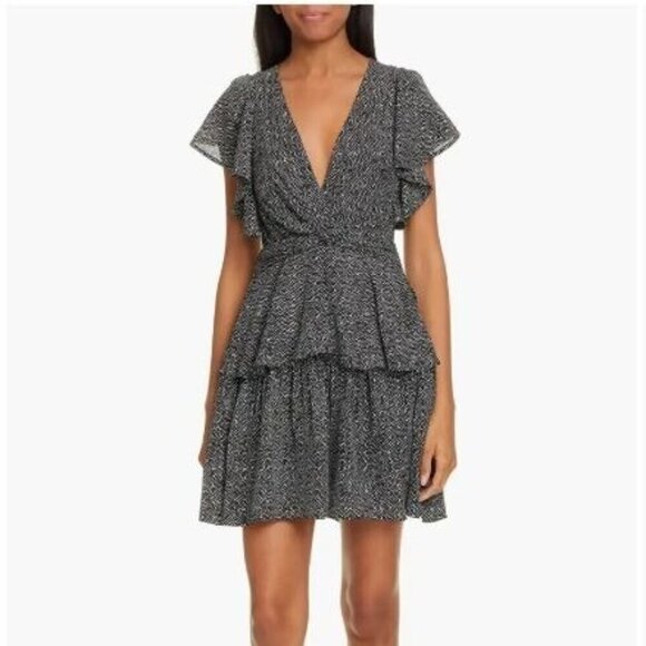 ALC Deep V-Neck Silk Polka Dot Viera Mini Dress Ruffled Flutter Sleeve Women's 2 - Picture 2 of 16